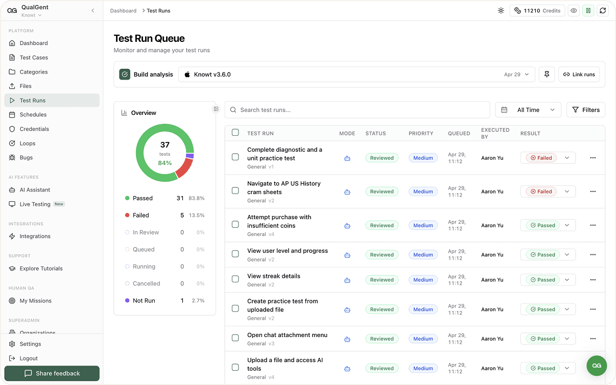 QualGent Enterprise dashboard